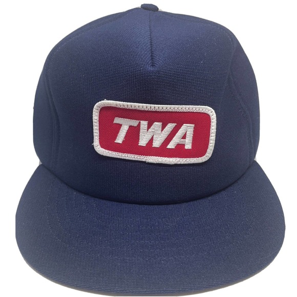 Vtg TWA Groundcrew Hat Cap Blue Snapback All Foam Ear Flaps Patch Made In USA - Picture 2 of 6